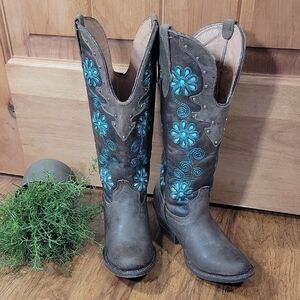 Brown Leather Cowboy Boots with Turquoise Floral Embroidery 6